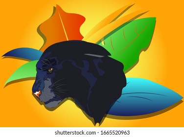 Panther logo elements. Tropical leaves and head of panther in a front of bright orange background. vector illustration.