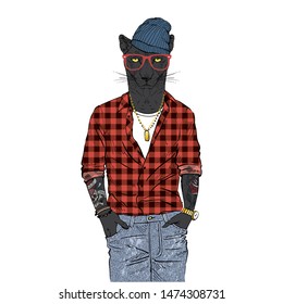 Panther man dressed up in plaid shirt beanie hat and jeans. Anthropomorphic urban fashion wild cat animal illustration. City Hipster Black Leopard.