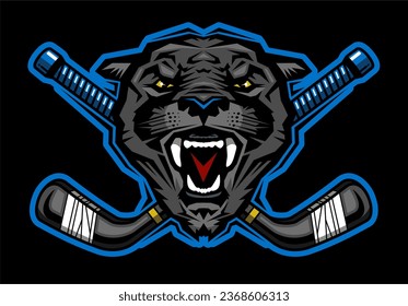 panther mascot head with crossed hockey sticks for school, college or league sports