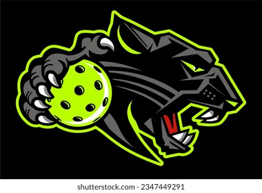 panther mascot holding pickleball for school, college or league sports