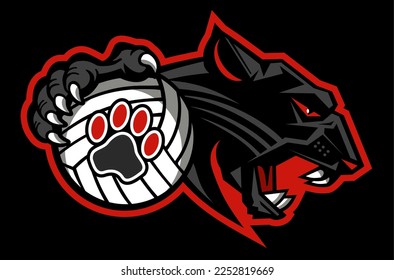 panther mascot holding volleyball for school, college or league sports