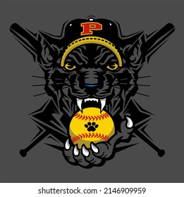 panther mascot with softball and crossed bats for school, college or league	