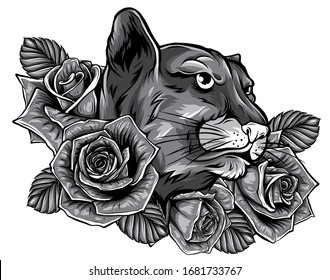 Panther monochromatic roses tattoo graphic vector illustration