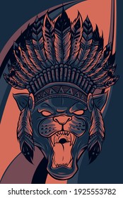 panther with native American Indian chief headdress.