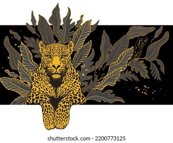 Panther on a black background in the jungle, a stylish pencil drawing. Suitable for logo, tattoo, interior decoration, paintings, printing on textiles and t-shirts. Panther predator.