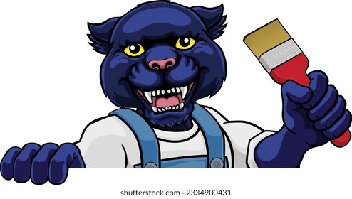 A panther painter decorator cartoon animal mascot holding a paintbrush peeking around a sign