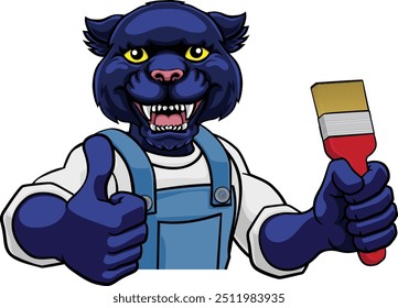 A panther painter decorator cartoon animal mascot holding a paintbrush peeking around a sign and giving a thumbs up