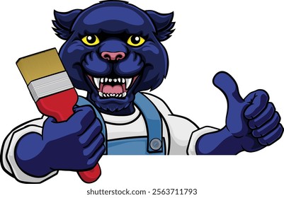 A panther painter decorator cartoon animal mascot holding a paintbrush peeking around a sign and giving a thumbs up