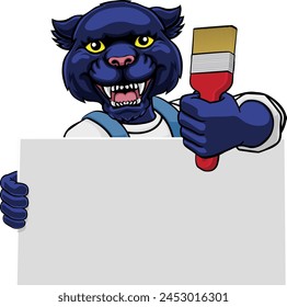 A panther painter decorator handyman cartoon construction man mascot character holding a paint brush tool