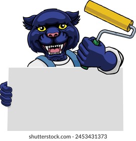 A panther painter decorator handyman cartoon construction man mascot character holding a paint roller tool
