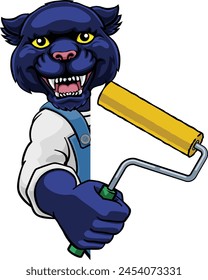 A panther painter decorator handyman cartoon construction man mascot character holding a paint roller tool