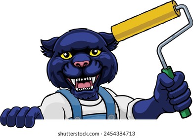 A panther painter decorator handyman cartoon construction man mascot character holding a paint roller tool