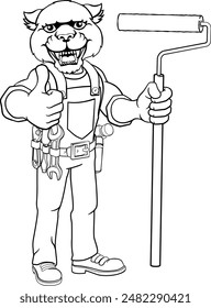 A panther painter decorator handyman cartoon construction man mascot character holding a paint roller tool