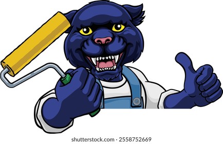 A panther painter decorator handyman cartoon construction man mascot character holding a paint roller tool