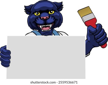 A panther painter decorator handyman cartoon construction man mascot character holding a paint brush tool