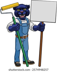 A panther painter decorator handyman cartoon construction man mascot character holding a paint roller tool