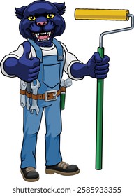 A panther painter decorator handyman cartoon construction man mascot character holding a paint roller tool