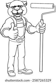 A panther painter decorator handyman cartoon construction man mascot character holding a paint roller tool