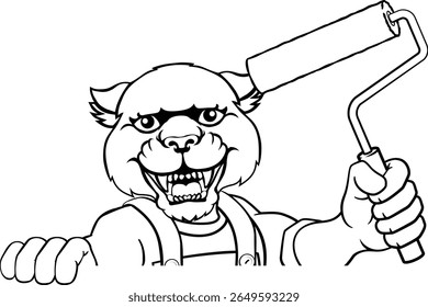 Um pintor de pantera decorador handyman desenho animado homem mascote personagem segurando uma ferramenta de rolo de tinta