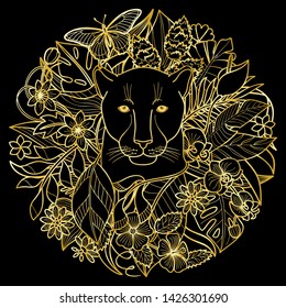 A Panther and Plants Golden Tropical Pattern