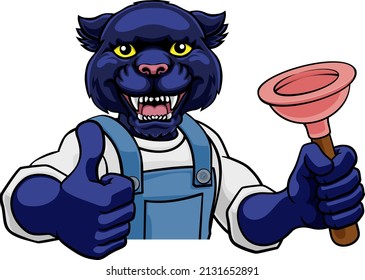 A panther plumber cartoon mascot holding a toilet or sink plunger peeking round a sign giving a thumbs up
