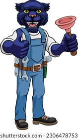 A panther plumber cartoon mascot holding a toilet or sink plunger