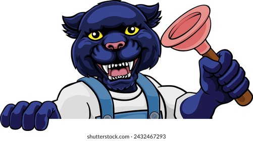 A panther plumber cartoon mascot holding a toilet or sink plunger peeking round a sign 