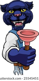 A panther plumber cartoon mascot holding a toilet or sink plunger peeking round a sign