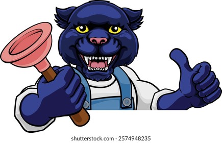 A panther plumber cartoon mascot holding a toilet or sink plunger peeking round a sign giving a thumbs up