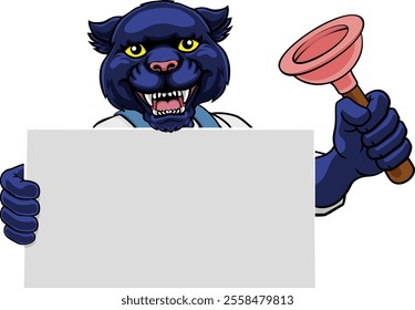 A panther plumber handyman plumbing construction cartoon mascot man holding a drain plunger tool.