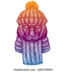 Panther, puma, cougar, cat. Ski, skier animal wearing woolen knitted hat. Christmas time. Cartoon character for little children. Kids print for shirts. Nursery decor.