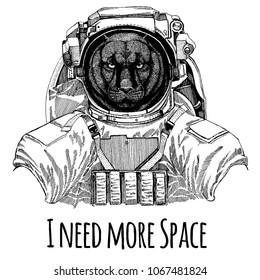 Panther Puma Cougar Wild cat Astronaut. Space suit. Hand drawn image of lion for tattoo, t-shirt, emblem, badge, logo patch kindergarten poster children clothing