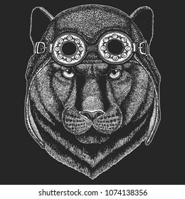 Panther Puma Cougar Wild cat Hand drawn image for tattoo, emblem, badge, logo, patch, t-shirt Cool animal wearing aviator, motorcycle, biker helmet.