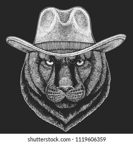 Panther, Puma, Cougar, Wild cat. Wild west. Traditional american cowboy hat. Texas rodeo. Print for children, kids t-shirt. Image for emblem, badge, logo, patch.