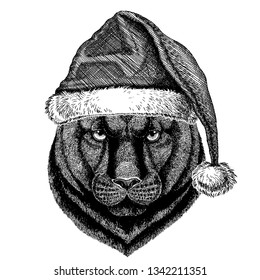 Panther, puma, cougar, wild cat wearing christmas Santa Claus hat. Hand drawn image for tattoo, emblem, badge, logo, patch