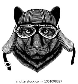 Panther, puma, cougar, wild cat wild biker animal wearing motorcycle helmet. Hand drawn image for tattoo, emblem, badge, logo, patch, t-shirt.