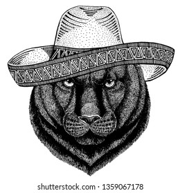 Panther Puma Cougar Wild cat wearing traditional mexican hat. Classic headdress, fiesta, party.