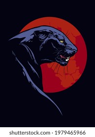 Panther with red circle on the dark blue background. Vector digital ink drawing. 