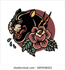 panther and rose tattoo vector design