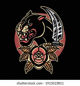 panther and rose tattoo vector design