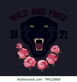 Panther and roses embroidery patch design.