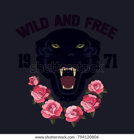 Panther and roses embroidery patch design.