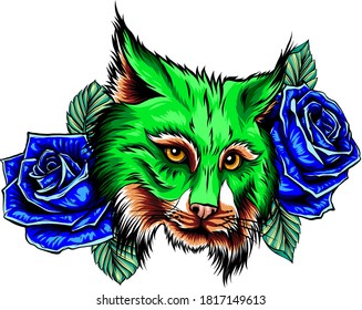 Panther with roses tattoo graphic vector illustration
