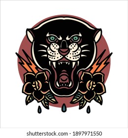 Panther And Roses Tattoo Vector Design