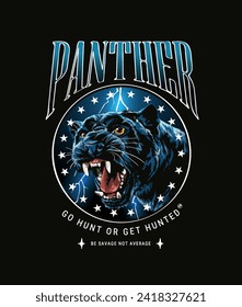 panther slogan with panther head in circle frame and thunder bolt background hand drawn vector illustration