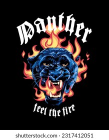 panther slogan with panther head on fire graphic vector illustration on black background