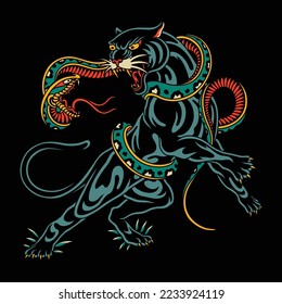 Panther and Snake Battle Tattoo Vector Design