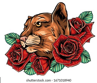 Panther snake roses tattoo graphic vector illustration