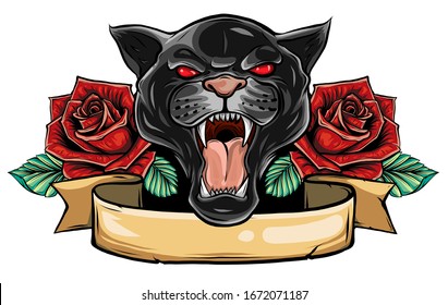 Panther snake roses tattoo graphic vector illustration