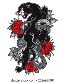 Panther snake roses tattoo graphic